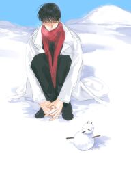  1boy absurdres black_hair blush coat curled_up facing_viewer full_body highres hugging_own_legs kim_dokja looking_at_viewer lp_(sangkuranak) omniscient_reader&#039;s_viewpoint on_ground red_scarf scarf short_hair sitting smile snow snowman solo white_coat 