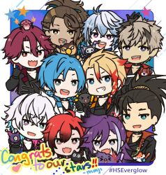  6+boys altventurer_(regis_altare) axel_syrios axelotl_(axel_syrios) axolotl banzoin_hakka beard_stubble bird black_choker black_gloves black_hair black_jacket black_shirt blonde_hair blue_eyes blue_hair braid brown_hair bubby_(goldbullet) chibi chibi_only choker collared_jacket congratulations creature crimzon_ruze dark-skinned_male dark_skin english_text everyone facial_hair fang fangs fish gavis_bettel gloves glowstick goldbullet green_eyes hakkito_(banzoin_hakka) hashtag hazel_eyes heterochromia holding holding_glowstick holostars holostars_english holostars_english_idol_uniform idol_clothes jacket josuiji_shinri jurard_t_rexford koipanion_(josuiji_shinri) machina_x_flayon machiroon_(machina_x_flayon) male_focus minjastars multicolored_hair multiple_boys octavio penlight_(glowstick) phantom_(gavis_bettel) pink_eyes pink_hair ponytail poppet_(octavio) purple_hair red_eyes red_hair red_streaks regis_altare ruzader_(crimzon_ruze) shirt side_braid single_braid skin_fang skin_fangs slime_(creature) sorawrity_(jurard_t_rexford) streaked_hair stubble two-tone_hair upper_body violet_eyes virtual_youtuber white_hair white_jacket white_streaks 