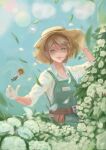  1girl absurdres artist_name belt blue_sky brown_hair character_doll day diauls@koh emma_woods english_commentary falling_leaves flower freckles gloves green_eyes hand_on_headwear hat highres identity_v leaf outdoors sky solo standing sun_hat utility_belt white_gloves 