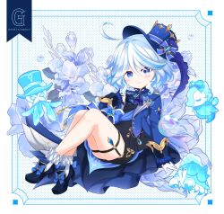  1girl ahoge ascot asymmetrical_gloves black_gloves blue_ascot blue_bow blue_eyes blue_gemstone blue_hair blue_hat blue_jacket blue_pupils blue_shoes blue_streaks blush bow closed_mouth colored_inner_hair commentary_request drop-shaped_pupils full_body furina_(genshin_impact) gem genshin_impact gentilhomme_usher gloves hair_between_eyes hand_up hat hat_bow heterochromia highres jacket kashiwadokoro long_sleeves looking_at_viewer mademoiselle_crabaletta medium_hair mismatched_gloves multicolored_hair ouji_fashion shoes sitting smile solo streaked_hair surintendante_chevalmarin symbol-shaped_pupils thigh_strap white_background white_gloves white_hair 