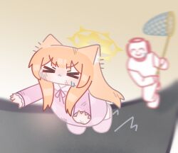  &gt;_&lt; 1boy 1girl absurdres animal_ear_fluff animal_ears blue_archive blunt_bangs blurry blurry_background blush butterfly_net closed_eyes closed_mouth doodle_sensei_(blue_archive) halo hand_net highres horuhara long_hair long_sleeves mari_(blue_archive) neck_ribbon no_nose nose_blush orange_hair pajamas pink_pajamas pink_slippers polka_dot polka_dot_pajamas ribbon running sensei_(blue_archive) slippers sweatdrop v-shaped_eyebrows very_long_hair yellow_halo 