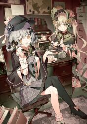  2girls antique_phone asymmetrical_legwear bird_hat_ornament black_capelet black_flower black_rose black_shoes blonde_hair blue_hair blue_necktie blue_skirt bonnet braid braided_hair_rings brown_flower brown_rose cabinet capelet chair crossed_legs deerstalker desk detective dress flower flower-trimmed_dress frilled_dress frilled_skirt frills green_bonnet green_eyes hair_rings hat highres holding holding_magnifying_glass holding_phone indoors knitting knitting_needle lolita_fashion long_hair looking_at_viewer magical_girl magnifying_glass mahou_shoujo_no_majo_saiban maidcode1023 multiple_girls necktie needle open_mouth phone plaid_clothes plaid_skirt rose rotary_phone shoes short_hair single_leg_pantyhose sitting skirt swivel_chair tachibana_sherry tono_hanna twintails very_long_hair yellow_eyes yellow_flower yellow_rose 