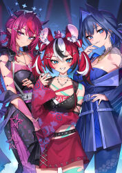  3girls animal_ear_fluff animal_ears animal_on_head belt black_belt black_dress black_hair black_shawl black_shirt blue_coat blue_eyes blue_hair blue_pantyhose blue_shirt braid braided_hair_rings breasts bright_pupils choker closed_mouth coat colored_inner_hair colored_tips commentary crossed_bangs detached_hair detached_sleeves dice dice_hair_ornament double-parted_bangs double_halo dress english_commentary fanged_bangs grin hair_between_eyes hair_flaps hair_intakes hair_ornament hair_rings hairclip hakos_baelz halo hand_on_own_hip hand_up heterochromia highres holding holding_dice hololive hololive_english horns irys_(hololive) jewelry large_breasts layered_dress long_hair looking_at_viewer medium_breasts miniskirt mouse_ears mouse_girl mr._squeaks_(hakos_baelz) multicolored_hair multiple_girls necklace official_alternate_costume official_alternate_hairstyle on_head oopartz_yang ouro_kronii pantyhose parted_lips pointy_ears print_dress purple_hair purple_skirt purple_sleeves red_hair shawl shirt short_hair single_off_shoulder skirt sleeveless sleeveless_dress sleeveless_shirt smile snake_print star_halo streaked_hair twin_braids twintails very_long_hair violet_eyes virtual_youtuber white_choker white_hair white_pupils 