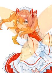 1girl :o ascot back blue_eyes blush closed_mouth commentary_request dress fairy fairy_wings frills from_behind hair_between_eyes highres large_ribbon long_sleeves looking_at_viewer looking_back medium_hair orange_hair red_dress solo sunny_milk touhou twintails two-tone_dress two_side_up uchisaki_himari white_background white_dress wings yellow_ascot