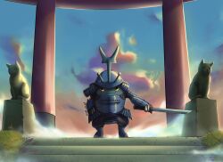  absurdres commentary english_commentary heracross highres holding holding_sword holding_weapon japan joe_westbrook no_humans pokemon pokemon_(creature) signature smile solo stairs statue sword torii wakizashi weapon 