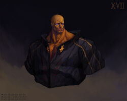  1boy absurdres armor artist_name artstation_logo artstation_username bald black_jacket closed_mouth collar commentary english_commentary gold highres instagram_logo instagram_username jacket light_smile looking_to_the_side lorgar_aurelian patreon_logo patreon_username potoq power_armor primarch roman_numeral simple_background smile solo violet_eyes warhammer_40k word_bearers 