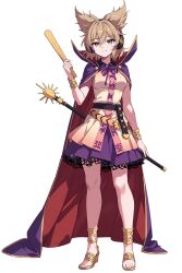  1girl ai-assisted anklet bare_arms belt black_belt bracelet breasts brown_eyes brown_hair cape closed_mouth collared_shirt commentary_request earmuffs frilled_skirt frills gold_anklet gold_bracelet gold_sandals happy high_collar high_heel_sandals highres jewelry kinamielise looking_at_viewer medium_breasts miniskirt pink_shirt pleated_skirt pointy_hair purple_cape purple_skirt red_cape ritual_baton sandals shirt skirt sleeveless sleeveless_shirt smile solo sword tachi-e touhou toyosatomimi_no_miko two-sided_cape two-sided_fabric untucked_shirt weapon 