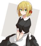  1girl apron blonde_hair character_request commentary_request copyright_request enkichi_totan eyebrows_visible_through_hair green_eyes grey_background hair_between_eyes hair_ribbon light_blush looking_at_viewer maid red_ribbon ribbon short_hair solo two-tone_background v_arms waist_apron white_background 