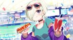  1girl :q absurdres aqua_shirt audience baseball_stadium black_choker blonde_hair blush breasts choker commentary confetti cup disposable_cup drink drinking_straw earclip eyebrows_behind_hair eyewear_on_head food hair_over_one_eye hara_yui highres holding holding_drink holding_food hot_dog indoors jacket ketchup licking_lips looking_at_viewer love_live! love_live!_nijigasaki_high_school_idol_club medium_breasts mia_taylor mustard off_shoulder open_clothes open_jacket purple_jacket shirt short_hair solo t-shirt teardrop_necklace tongue tongue_out violet_eyes 