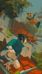  2boys abanovo animal_ear_hairband animal_ears bandaged_leg bandages black_hair black_jacket black_shoes blonde_hair blue_eyes blue_headband cat_ears facial_mark fake_animal_ears hairband headband highres jacket jumping jumpsuit male_focus multiple_boys naruto_(series) on_roof open-toe_shoes open_mouth orange_jumpsuit outdoors parted_bangs power_lines roof_shingles shoes short_hair shorts smile spiky_hair squatting tree uchiha_sasuke uzumaki_naruto whisker_markings white_arm_warmers white_shorts 