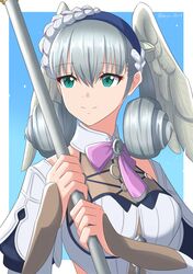  1girl absurdres braid crown_braid dress head_wings highres holding holding_staff juliet_sleeves long_sleeves melia_antiqua o-ring puffy_sleeves ryochan96154 short_dress solo staff xenoblade_chronicles xenoblade_chronicles:_future_connected xenoblade_chronicles_(series) 