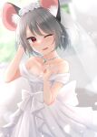  1girl alternate_costume animal_ears bangs blurry blurry_background bow bridal_veil dakuazu dress eyebrows_visible_through_hair flower grey_hair hair_flower hair_ornament hand_in_own_hair highres jewelry looking_at_viewer mouse_ears nazrin off-shoulder_dress off_shoulder one_eye_closed open_mouth pendant red_eyes rose short_hair solo touhou veil wedding_dress white_bow white_dress white_flower white_rose 