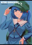  1girl absurdres backpack bag blue_background blue_eyes blue_hair character_name cowboy_shot english_text eyebrows_visible_through_hair flat_cap green_bag green_headwear grin hair_bobbles hair_ornament hat highres kawashiro_nitori key long_sleeves looking_at_viewer miton_iguana short_hair simple_background smile solo standing touhou two_side_up 