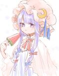  1girl :t blue_ribbon blush bow bowtie capelet commentary crescent crescent_hat_ornament dress eating eyebrows_visible_through_hair food hair_bow hat hat_ornament hat_ribbon long_hair looking_at_viewer maru_usagi mob_cap patchouli_knowledge pink_capelet pink_headwear popsicle purple_dress purple_headwear red_ribbon ribbon sidelocks solo striped striped_dress sweatdrop touhou upper_body vertical-striped_dress vertical_stripes violet_eyes watermelon_bar 