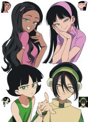  4girls avatar:_the_last_airbender avatar_legends black_hair blue_hair blunt_bangs buttercup_(ppg) cartoon_network chinese_clothes clenched_teeth closed_eyes closed_mouth crossover danny_phantom dark-skinned_female dark_skin eyeshadow friends green_eyes hair_ornament hair_up hairclip hands_on_own_cheeks hands_on_own_face head_tilt headband highres korean_commentary light_smile long_hair long_sleeves looking_at_viewer makeup multiple_crossover multiple_girls nickelodeon own_hands_together photo-referenced pink_shirt pout powerpuff_girls reaching reaching_towards_viewer shirt short_hair short_sleeves smile teeth the_fairly_oddparents toph_beifong upper_body wavy_hair white_background zdo_on 