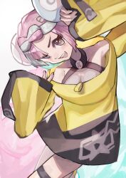  1girl absurdres alternate_hairstyle bare_shoulders blue_hair blush bow-shaped_hair breasts character_hair_ornament collarbone fake_hair_bun grey_eyes grey_pantyhose hair_ornament halter_shirt halterneck highres iono_(pokemon) jacket long_sleeves looking_at_viewer multicolored_hair open_mouth pantyhose pink_hair pokemon pokemon_sv rasoso_(wyzx4524) sharp_teeth shirt short_hair single_leg_pantyhose sleeves_past_fingers sleeves_past_wrists smile solo split-color_hair teeth thigh_strap two-tone_hair upper_teeth_only very_long_sleeves yellow_jacket 