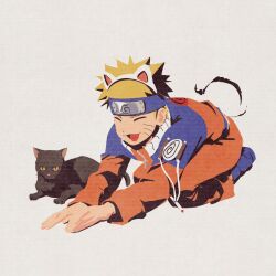  1boy abanovo all_fours animal_ear_hairband animal_ears black_cat blonde_hair blue_headband blue_shoes cat cat_ears cat_tail closed_eyes facial_mark fake_animal_ears grey_background hairband headband highres jacket jumpsuit kneeling male_focus naruto_(classic) naruto_(series) open_mouth orange_jacket orange_jumpsuit orange_pants pants shoes short_hair slit_pupils smile spiky_hair tail uzumaki_naruto whisker_markings yellow_eyes 