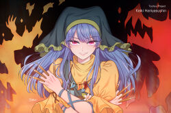  1girl blue_hair character_name commentary copyright_name dress english_commentary fire flower green_headscarf grin haniyasushin_keiki headscarf highres holding_tool jewelry jyan_(jyan0209) long_hair looking_at_viewer magatama magatama_necklace necklace pink_eyes revision short_sleeves smile solo tools touhou yellow_dress 