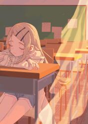  1girl absurdres arm_rest arms_on_table blonde_hair blush chair chalkboard classroom closed_eyes closed_mouth colored_eyelashes commentary_request crossed_arms dappled_sunlight denim denim_shorts desk earrings evening feet_out_of_frame fingernails flipped_hair gakuen_idolmaster hair_ornament hairclip head_rest highres idolmaster indoors jewelry kinako_mochi legs_together long_hair off_shoulder on_chair parallel_hairclips parted_bangs robe school school_chair school_desk shade shinosawa_hiro short_shorts shorts sitting solo stud_earrings sunlight white_robe wristband 