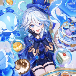  1girl absurdres ahoge birthday black_gloves blue_bow blue_hat blue_headwear blue_jacket blue_shirt bubble cake cake_slice dessert excited furina_(genshin_impact) gloves happy hat heterochromia highres long_sleeves macaron mismatched_gloves multicolored_hair official_art open_mouth ribbon short_shorts shorts smile sparkle thigh_strap thighs tokki top_hat white_gloves white_hair 