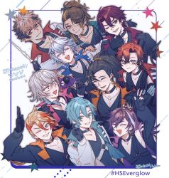  6+boys :3 ahoge altventurer_(regis_altare) antenna_hair axel_syrios banzoin_hakka beard_stubble belt black_belt black_choker black_gloves black_hair black_jacket black_shirt black_tank_top blonde_hair blue_collar blue_eyes blue_hair bomb braid brown_hair chest_belt chikuihaku choker closed_eyes collar collarbone collared_jacket colored_eyelashes conductor_baton creature crimzon_ruze earrings english_text everyone explosive facial_hair fang feather_hair_ornament feathers fingerless_gloves gavis_bettel gloves goldbullet green_collar green_eyes grin hair_ornament hand_on_another&#039;s_shoulder hashtag holding holding_baton holding_bomb holostars holostars_english holostars_english_idol_uniform idol_clothes jacket jewelry josuiji_shinri jurard_t_rexford light_blush long_hair machina_x_flayon male_focus medium_hair multicolored_hair multiple_boys multiple_braids octavio one_eye_closed orange_collar pectoral_cleavage pectorals pencil_in_hair phantom_(gavis_bettel) pink_collar pink_hair ponytail purple_collar purple_hair red_collar red_eyes red_hair red_streaks regis_altare salute sharp_teeth shirt short_hair side_braid single_braid single_hair_streak skin_fang sleeveless sleeveless_shirt smile star_(symbol) streaked_hair stubble tail tank_top teeth tri_braids two-finger_salute two-sided_fabric two-sided_jacket two-tone_hair upper_body v v-neck violet_eyes virtual_youtuber white_belt white_hair white_jacket white_streaks yellow_eyes 