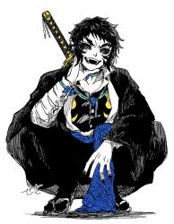  1boy black_pants buttons collarbone fangs full_body green_eyes hand_up jewelry kaigaku katana kimetsu_no_yaiba looking_at_viewer magatama magatama_necklace male_focus necklace open_mouth pants sekitan47 short_hair simple_background smile solo spiky_hair sword teeth weapon white_background wide_sleeves 