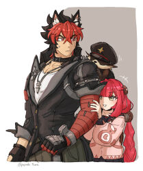  1boy 1girl animal_ears bandaged_arm bandages black_choker black_hair black_jacket braid brown_background cardigan choker dog_boy dog_ears hair_ornament hat hiding hiding_behind_another highres jacket kamanosuke_(zenless_zone_zero) komano_manato long_hair long_sleeves low_twin_braids multicolored_hair peaked_cap pink_cardigan popochi_fuwa red_bandage red_eyes red_hair scar scar_on_face shirt short_hair spiked_jacket twin_braids ukinami_yuzuha white_background white_shirt yellow_eyes zenless_zone_zero 