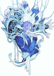  1boy 1other absurdres cherry_earrings chinese_commentary closed_mouth commentary_request cropped_torso earrings food-themed_earrings gakuran ginsky2000 hierophant_green highres jacket jewelry jojo_no_kimyou_na_bouken kakyoin_noriaki limited_palette long_sleeves looking_at_viewer male_focus school_uniform simple_background stand_(jojo) stardust_crusaders white_background 