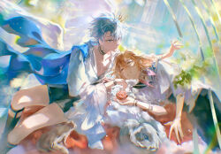  2boys aged_down ankle_boots antenna_hair black_boots black_shorts blonde_hair blue_cape blue_eyes boots cape chinese_commentary commentary_request crown floating_cape food fruit highres holding holding_food holding_fruit honkai:_star_rail honkai_(series) male_focus medium_hair mini_crown multiple_boys mydei_(honkai:_star_rail) parted_bangs phainon_(honkai:_star_rail) pomegranate shirt short_hair shorts white_hair white_shirt yellow_eyes zhai-lin 