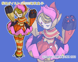  1girl arm_cannon bad_id blonde_hair blue_background bubble_skirt capelet character_name closed_eyes closed_mouth copyright_name copyright_notice flower full_body hands_up hood hood_up hooded_capelet lotus monster_girl official_art official_wallpaper orange_capelet orange_shirt orange_skirt orange_thighhighs outline pale_skin plant_girl renge_douji samurai_evolution_oukoku_geist shinkaida_tetsuyarou shirt short_hair skirt solo spikes standing striped_capelet striped_clothes striped_shirt striped_thighhighs thigh-highs two-tone_capelet two-tone_shirt two-tone_thighhighs weapon white_outline yellow_capelet yellow_shirt yellow_thighhighs zoom_layer 