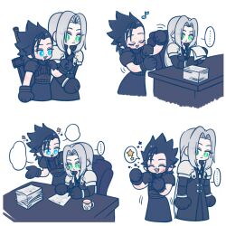  ... 105zz 2boys armor black_coat black_gloves black_hair blue_eyes buster_sword chest_strap coat commentary_request cowboy_shot crisis_core_final_fantasy_vii cross_scar final_fantasy final_fantasy_vii gloves green_eyes grey_hair holding holding_paper long_hair male_focus multiple_boys multiple_views musical_note paper parted_bangs scar scar_on_cheek scar_on_face sephiroth short_hair shoulder_armor simple_background sitting sleeveless sleeveless_turtleneck smile spiky_hair spoken_ellipsis star_(symbol) sweater sword sword_on_back table turtleneck turtleneck_sweater weapon weapon_on_back white_background zack_fair 