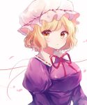  1girl bangs blonde_hair blush bow bowtie breasts collared_dress commentary_request dress eyebrows_visible_through_hair eyes_visible_through_hair hat juliet_sleeves long_sleeves looking_back looking_to_the_side maribel_hearn medium_breasts mob_cap moshihimechan open_mouth petals puffy_sleeves purple_dress red_bow red_bowtie short_hair simple_background solo touhou upper_body white_background white_headwear wide_sleeves yellow_eyes 