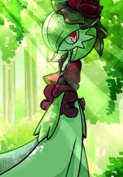  bob_cut clothed_pokemon colored_skin dress gardevoir gardevoir_(aristocrat) green_hair green_skin highres looking_at_viewer mikanbouzuuu multicolored_skin pink_eyes pokemon pokemon_(creature) pokemon_unite smile two-tone_skin white_dress white_skin 