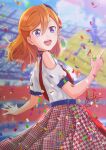  1girl :d belt blue_belt blurry blurry_background clothing_cutout commentary confetti dated day english_commentary eyebrows_visible_through_hair hair_between_eyes hand_up highres hinata2325 houndstooth index_finger_raised jewelry long_hair looking_at_viewer looking_to_the_side love_live! love_live!_superstar!! mixed-language_commentary open_mouth orange_hair red_skirt ring shibuya_kanon shirt short_sleeves shoulder_cutout signature skirt smile solo stadium start!!_true_dreams_(love_live!) teeth tongue tsurime upper_teeth violet_eyes white_shirt 