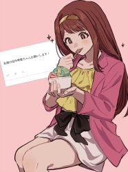  1girl absurdres brown_hair eating food hairband highres holding holding_food holding_ice_cream holding_spoon ice_cream idolmaster idolmaster_million_live! jacket long_hair long_sleeves open_clothes open_jacket pink_background pink_jacket request_inset simple_background sitting skirt solo sparkle spoon tanaka_kotoha translation_request utensil_in_mouth white_skirt yureru_300 