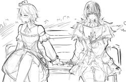  2girls absurdres averting_eyes bench blush book cecilia_immergreen cecilia_immergreen_(1st_costume) choker closed_mouth commentary cowboy_shot crossed_legs doll_joints dress english_commentary flat_chest greyscale highres holding holding_book holding_hands hololive hololive_english jacket joints looking_to_the_side monochrome multiple_girls nellepoof on_bench shiori_novella shiori_novella_(1st_costume) short_hair simple_background sitting sketch virtual_youtuber white_background winding_key yuri 