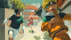  1girl 2boys abanovo bike_shorts bike_shorts_under_skirt black_cat black_hair black_jacket black_shoes black_shorts blonde_hair blue_headband cat closed_eyes dress facial_mark furrowed_brow green_eyes haruno_sakura headband highres jacket jumpsuit long_hair multiple_boys naruto_(series) open-toe_shoes open_mouth orange_jumpsuit outdoors outstretched_arms parted_lips pelvic_curtain pink_hair red_dress running shoes short_hair shorts spiky_hair uchiha_sasuke uzumaki_naruto whisker_markings white_arm_warmers white_shoes 