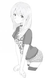  1girl blush breasts choker closed_mouth earrings girls_band_cry greyscale hair_between_eyes highres jewelry kawaragi_momoka long_hair medium_breasts monochrome multicolored_hair n_nai_nai_n roots_(hair) shikai_no_sumi_kuchiru_oto shirt short_sleeves shorts single_thighhigh solo thigh-highs thigh_strap 