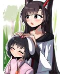  :3 animal_ear_fluff animal_ears bangs black_hair blush brown_hair carrot_necklace closed_eyes closed_mouth commentary_request dress floppy_ears hair_between_eyes hands_on_another&#039;s_head highres imaizumi_kagerou inaba_tewi korean_commentary long_hair long_sleeves open_mouth pink_dress rabbit_ears rabbit_girl red_eyes red_nails short_hair smile spam_(spamham4506) touhou upper_body white_dress wolf_ears 