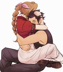  1boy 1girl aerith_gainsborough arm_around_neck arms_around_back arms_around_neck bare_shoulders black_hair blue_eyes braid braided_ponytail brown_hair cheek-to-cheek couple crisis_core_final_fantasy_vii dress feet_out_of_frame final_fantasy final_fantasy_vii final_fantasy_vii_remake from_side hair_ribbon hand_on_another's_head heads_together highres hug jacket leg_lock long_hair looking_at_viewer pink_dress pink_ribbon ponytail red_jacket ribbon short_hair sitting sitting_on_lap sitting_on_person sleeveless sleeveless_turtleneck spiky_hair sweater sylvthea turtleneck turtleneck_sweater white_background zack_fair 