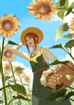  1girl :d arm_up basket belt brown_hair clouds day emma_woods flower freckles hat highres identity_v lyq1993 outdoors shirt short_hair_with_long_locks smile solo standing straw_hat sun_hat sunflower tool_belt white_shirt x_x 