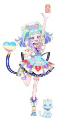  1girl :d ahoge animal animal_hat animalization arm_up blue_dress blue_hair boots capelet cat cat_hat dress floating_card full_body hat heart heart_print long_hair looking_at_viewer multicolored_hair myamu myamu_(cat) object_floating_above_hand official_art open_mouth outstretched_arm person_and_animalization pretty_series second-party_source simple_background smile solo standing standing_on_one_leg streaked_hair twintails violet_eyes waccha_primagi! white_background white_boots white_capelet 
