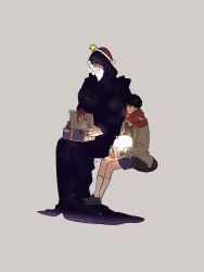  2boys absurdres animal bandage_on_face bandages bandaid bandaid_on_knee bandaid_on_leg biyoo_(omniscient_reader&#039;s_viewpoint) black_hair brown_vest cat cloak coat curled_up full_body gift hat highres holding holding_gift hood hood_up hooded_cloak lp_(sangkuranak) male_focus multiple_boys oldest_dream omniscient_reader&#039;s_viewpoint red_scarf santa_hat scarf secretive_plotter shirt short_hair sitting socks starry_sky_print vest white_beard white_shirt white_socks yellow_coat yellow_eyes 