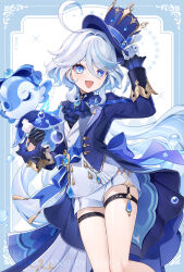  1girl 6u_(eternal_land) ahoge ascot asymmetrical_gloves black_gloves blue_ascot blue_eyes blue_gemstone blue_hair blue_hat blue_jacket blue_pupils blush colored_inner_hair commentary_request drop-shaped_pupils furina_(genshin_impact) gem genshin_impact gloves hair_between_eyes hand_on_headwear hand_up hat heterochromia holding hydro_symbol_(genshin_impact) jacket long_sleeves looking_at_viewer medium_hair mismatched_gloves multicolored_hair open_mouth ouji_fashion short_shorts shorts solo surintendante_chevalmarin symbol-shaped_pupils teardrop-shaped_gem thigh_strap vision_(genshin_impact) white_gloves white_hair white_shorts 