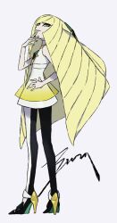  1girl blonde_hair closed_mouth dress full_body green_eyes hand_on_own_hip high_heels long_hair looking_at_viewer lusamine_(pokemon) pokemon pokemon_sm signature sleeveless sleeveless_dress solo standing u3su2 very_long_hair white_background white_dress 