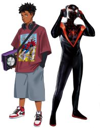  1boy animal_print black_eyes black_hair bodysuit character_print dark_skin dreadlocks hand_in_pocket headphones headphones_around_neck highres layered_sleeves marvel mask miles_morales mugi_(mugit49) multiple_persona multiple_views red_shirt shirt shoes sneakers spider-man spider-man_(miles_morales) spider-man_(series) spider_print spider_web_print superhero_costume undercut untied_shoelaces very_dark_skin white_background 