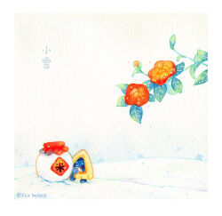  animal_focus border branch bud commentary_request flower highres kox_hsl no_humans object_request orange_flower painting_(medium) pokemon pokemon_(creature) snorunt snow solo traditional_media translation_request twitter_username watercolor_(medium) white_background white_border winter 