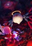 barcode clouds dark_clouds fairy fairy_wings flying from_behind glint gun halo highres holding holding_gun holding_weapon kirby kirby_(series) kirby_64 n-z one-eyed pink_hair red_eyes ribbon_(kirby) ripple_star short_hair suyasuyabi tail weapon wings zero_two_(kirby) 