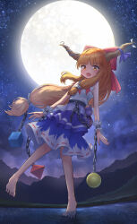  1girl absurdres ball_and_chain_restraint barefoot bow brown_horns chain commentary_request fang full_moon gourd hair_bow highres horn_ornament horn_ribbon horns ibuki_suika long_hair looking_at_viewer moon mountainous_horizon night night_sky oni open_mouth orange_eyes orange_hair outdoors purple_skirt red_bow reflection reflective_water ribbon ripples shirt skirt sky smile solo star_(sky) toes toorooo touhou very_long_hair water white_shirt 
