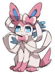  animal_focus blue_eyes blue_sclera bow closed_mouth colored_sclera full_body looking_at_viewer makoto_ikemu no_humans pink_fur pokemon pokemon_(creature) pokemon_focus ribbon simple_background solo sylveon tail two-tone_fur white_background 